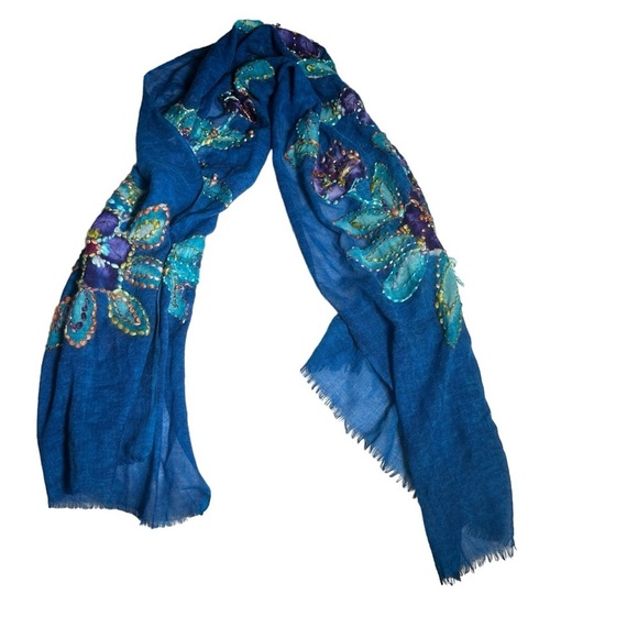 Exclusively For Signals Wool Blue Purple Floral Embroidered Scarf - Picture 7 of 13